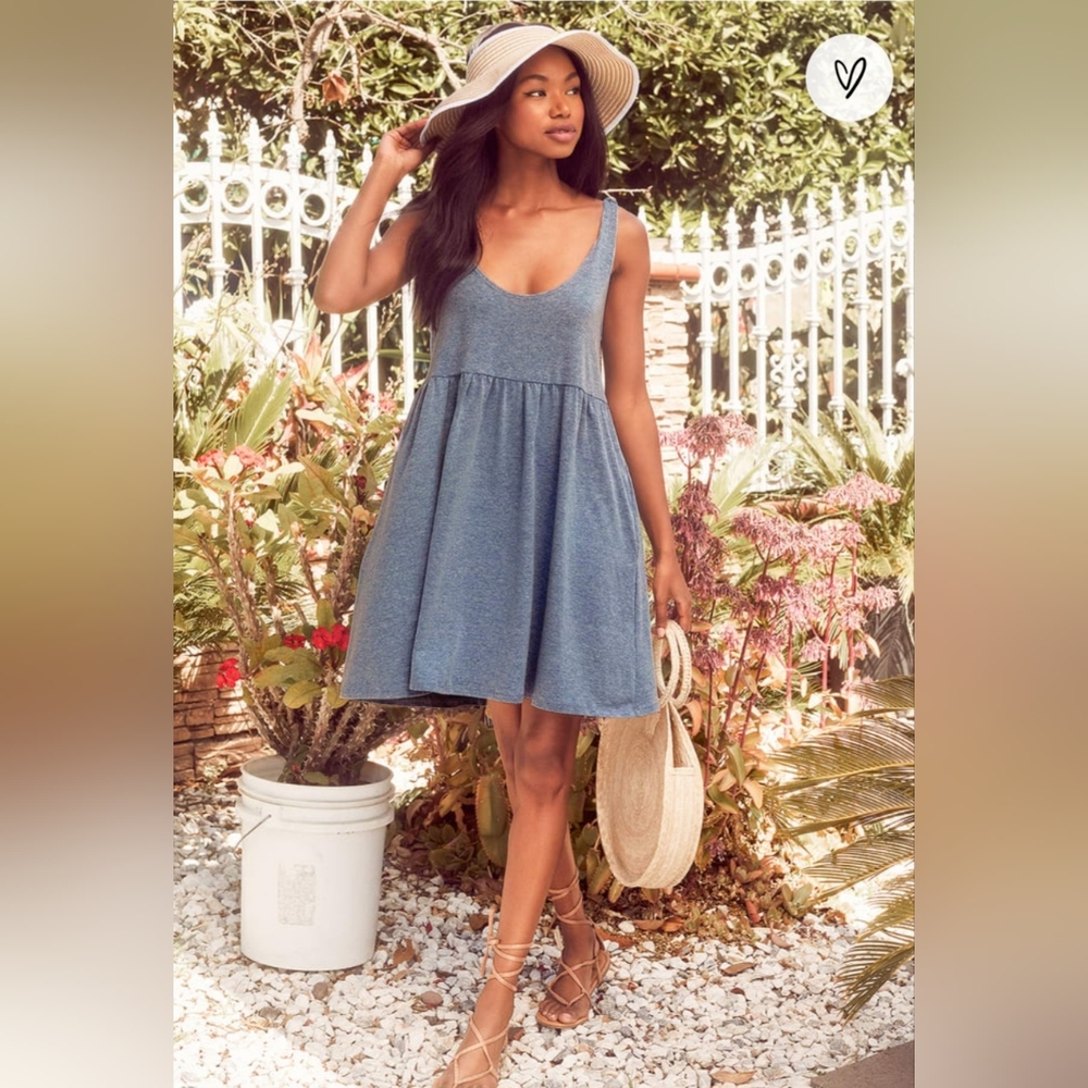 Lulu's Don't Worry, Baby Washed Blue Tie-Strap Babydoll Dress XS